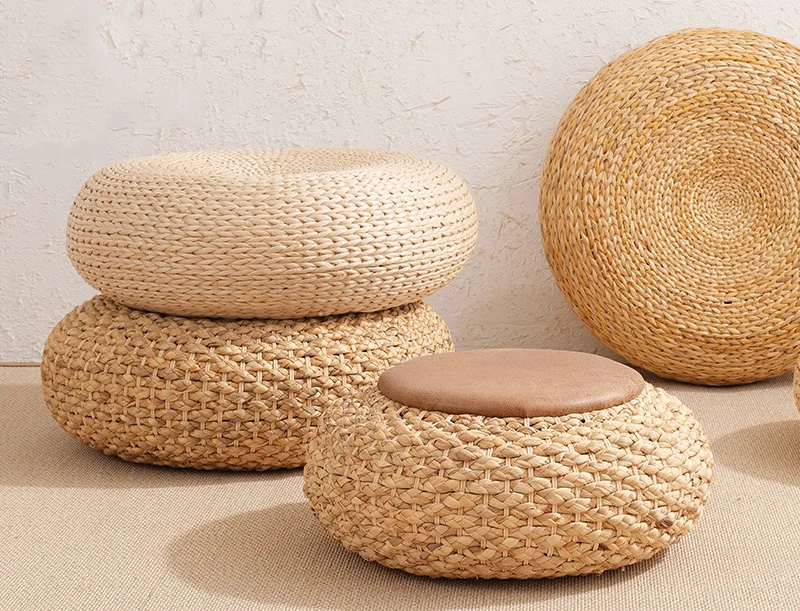 Woven rush grass poufs and floor cushions