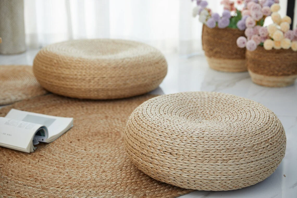 Straw Pouf Floor Cushions - Image 3