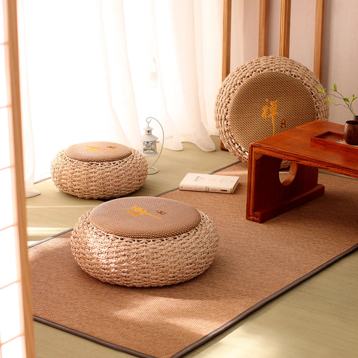 Straw Floor Cushions Ottomans Floor Pouf - Image 4