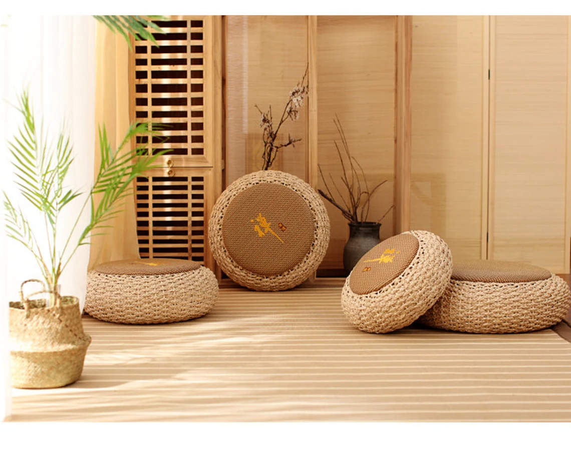 Straw Floor Cushions Ottomans Floor Pouf - Image 6